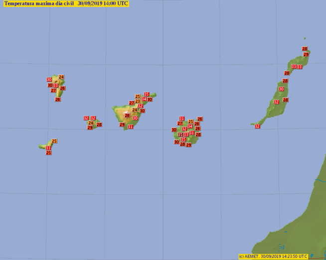 Imagen con las temperaturas máximas registradas en Canarias (Foto TA)