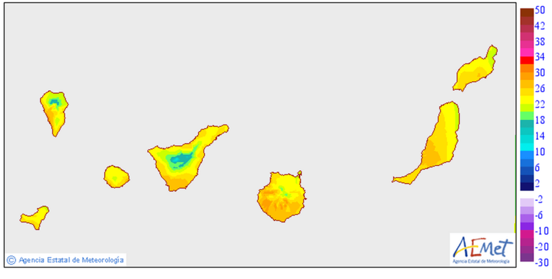 Predicción de temperaturas de la Aemet para este lunes (Foto @AEMET_Esp)