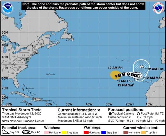 Cono con las probables trayectorias de Theta (Foto TA)