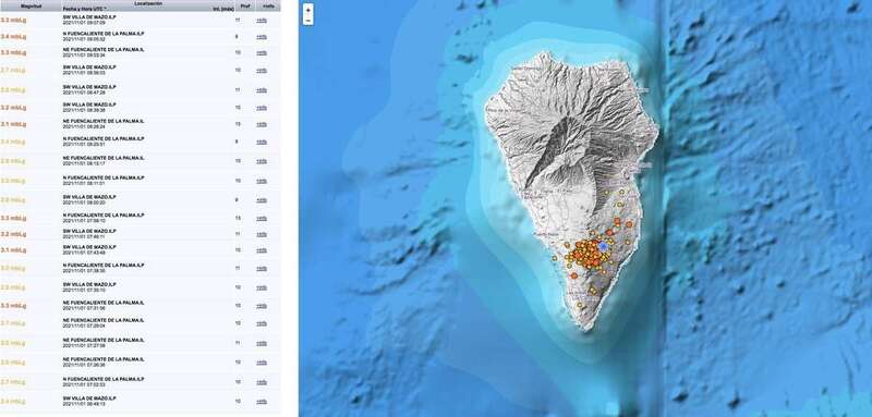 Relación de los últimos terremotos registrado en La Palma este lunes y mapa en el que indica el punto donde han sido localizados/IGN.