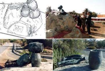 Composición fotográfica con imágenes del boceto de la obra, acto inaugural, escultura original y estado actual tras el robo (Foto TA) 