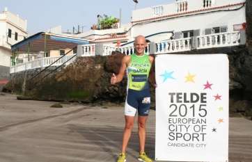 Jonay García, con el logo de Telde Ciudad Europea del Deporte (Foto TA)