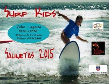 Cartel de los cursos Salinetas Kid Surf 2015, organizado por la escuela de surf El Hombre (Foto TA)