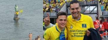 La escultural del Neptuno con la bandera de la UD Las Palmas y Roque Mesa con el concejal de Deportes de Telde, Diego Ojeda (Foto TA)