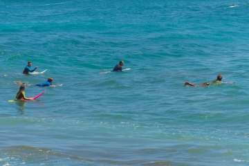 Aprendices y experimentados surferos en la playa de Salinetas (Foto FA y Antonio Rico)