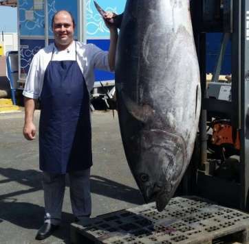 Daniel Pérez, junto al ejemplar de atún rojo de 350 kilos