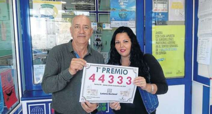 Los propietarios del local muestran el cartel indicativo de haber vendido el premio (Foto TA)