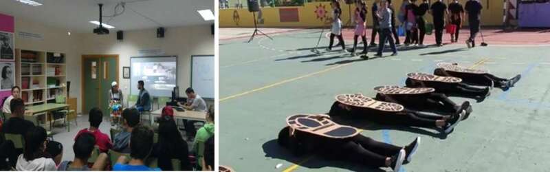 Dramatización de la obra Una más y de la perfomance en el patio del colegio (Foto TA)