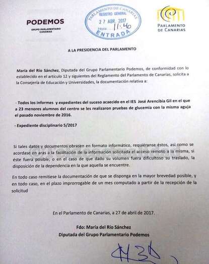 Escrito de la parlamentaria de Podemos (Foto TA)