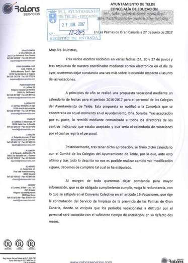 Escrito de Ralons Servicios remitido este lunes al Ayuntamiento aclarando lo sucedido (foto TA)