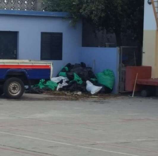 Camioneta del Ayuntamento y bolsas con restos vegetales y residuos, hoy en el colegio (Foto TA)