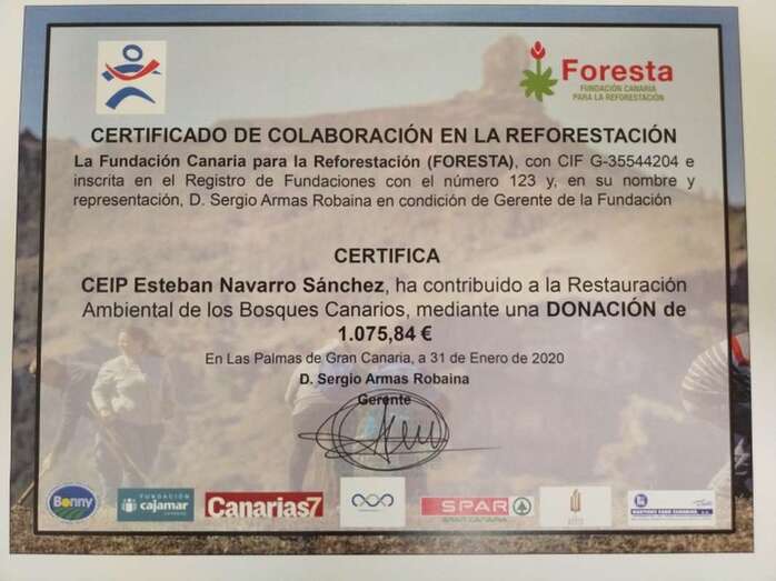 Certificado expedido por Foresta al colegio teldense sobre la donación entregada (Foto TA)