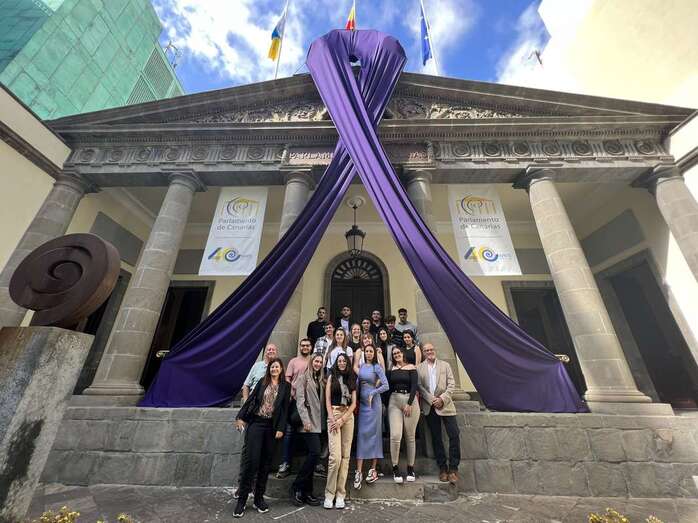 Los alumnos se fotografían delante de la sede principal del Parlamento canario/TA.