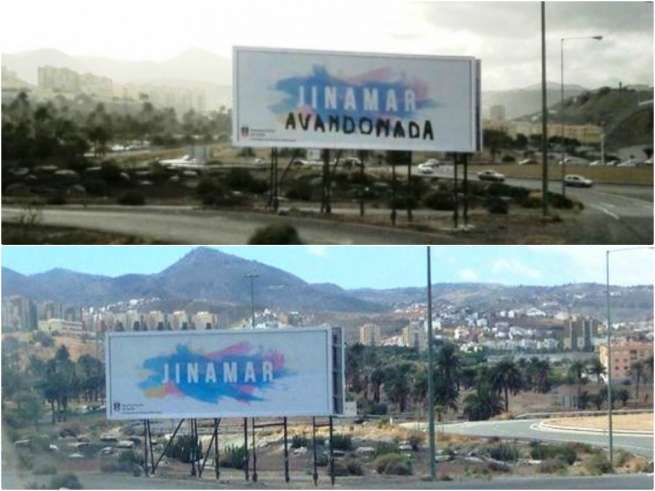 Collage de la valla publicitaria instalada en Jinámar (Foto TA)