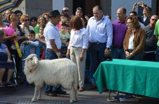 Luis González le muestra su oveja Ussa a la alcaldesa Carmen Hernández, en las pasadas fiestas de Los Llanos (Foto TA)