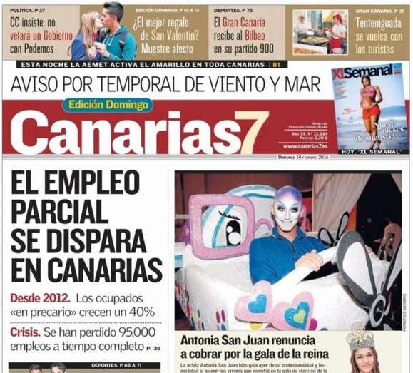 Portada de Canarias7 de este domingo 14 de febrero de 2016 (Foto TA)