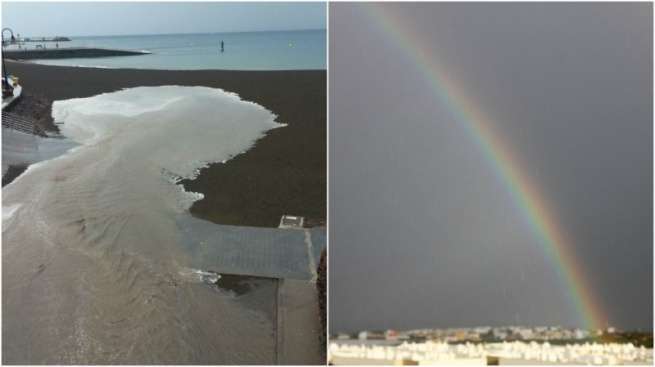 Arco iris sobre la ciudad de Telde, esta tarde, y escorrentía llegando a la arena de la playa de Melenara (Foto Jesús Ruiz Mesa)