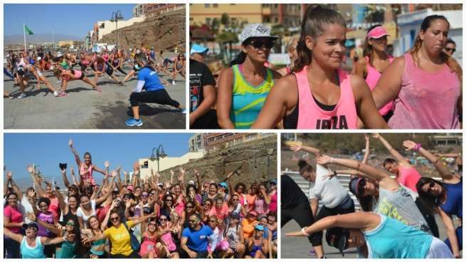 Mosaico de fotos de la clase magistral de zumba de esta mañana en Melenara (Foto TA)