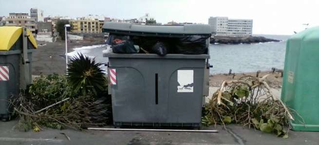 Restos de podas junto a los contenedores (Foto TA)