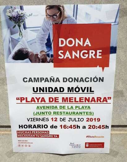 Cartel anunciador de la campaña de donación de sangre de este viernes en Melenara (Foto TA)