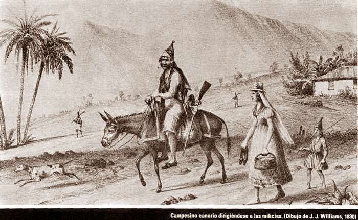 Dibujo de 1830 de una campesina con un miliciano (Boceto de J.J. Williams)