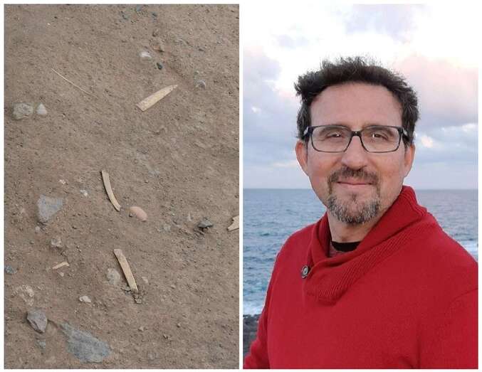 Restos de huesos de gatos hallados en el yacimiento de Lomo de los Melones y el autor del artículo, Abel Galindo/TA.