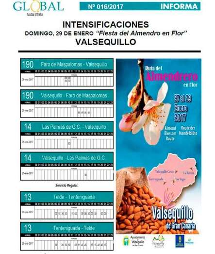 Cartel del servicio de guaguas en la fiesta de la Ruta del Almendrero en Flor 2017 (Foto TA) 