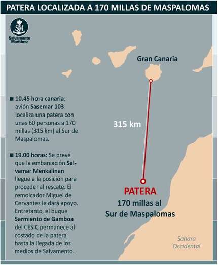 La patera se encuentra a unas 170 millas del sur de Maspalomas (Foto TA)