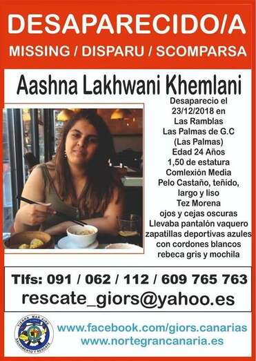 Cartel que anuncia la desaparición de Aasha Lakhwani Khemlani (Foto GIORS Canarias)