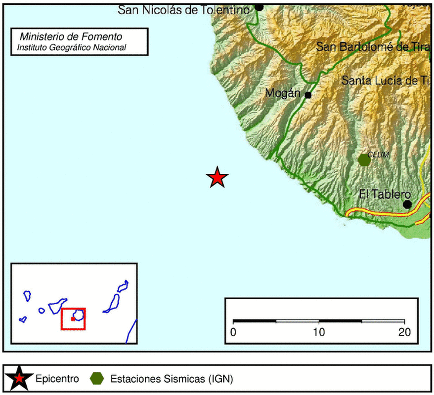 Epicentro del terremoto en las proximidades de San Bartolomé (Foto IGN)