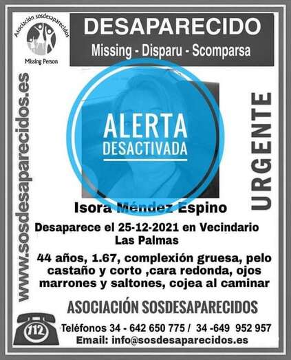 Cartel de desactivación de la alerta de búsqueda de Isora Méndez/TA.