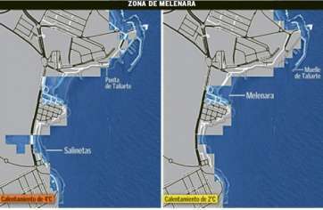 Recreación de la afección de la subida del mar al sector de Melenara (Foto TA)