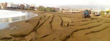 Trabajos de recuperación del perfil de la playa en Melenara, esta mañana (Foto TA)