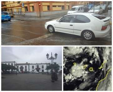 Estampas de la lluvia en Telde e imagen del Meteosat de hace una hora (Foto TA)