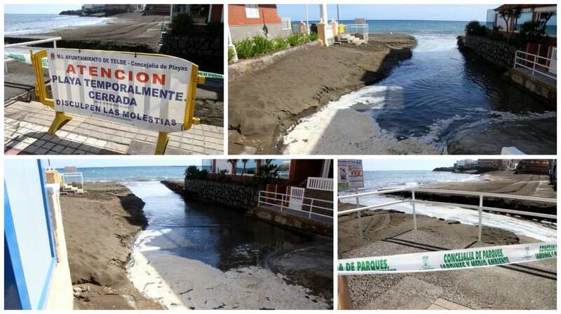 Imagen del vertido de aguas fecales desembocando en la playa de Salinetas y de las vallas indicando su cierre (Foto Jesús Ruiz)