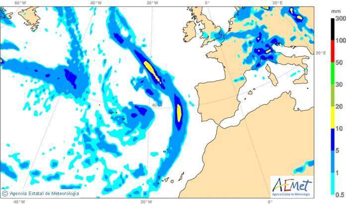 Imagen de las proyecciones de la Aemet para las 16.00 horas de este jueves (Foto TA)