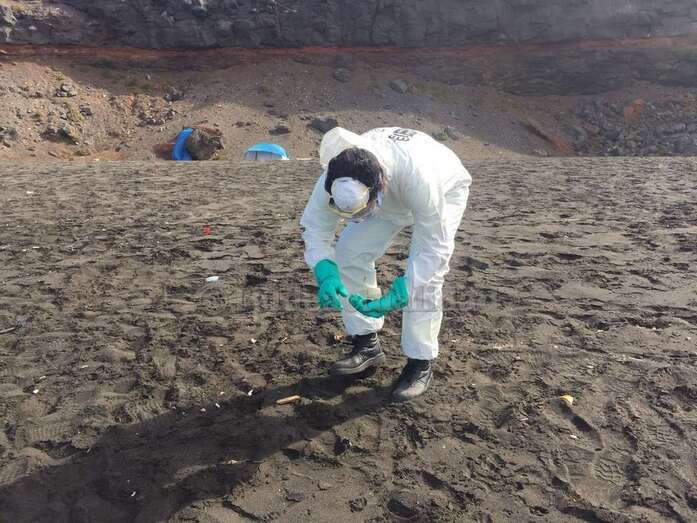 Un operario retiraba esta tarde con traje especial las bolas de alquitrán de la playa de San Borondón (Foto TA)