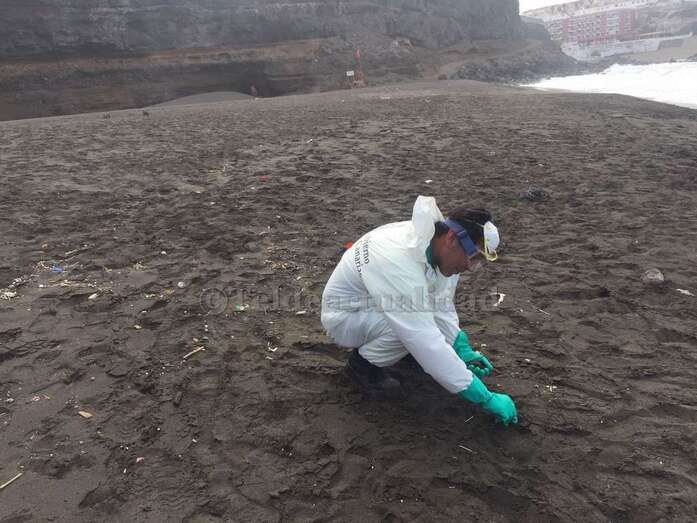 Un operario de Limpieza de FCC retira las bolas de alquitrán de la playa de San Borondón (Foto TA)