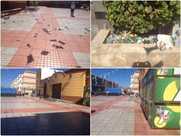 La plaza de La Garita amaneció llena de residuos el domingo tras el Gariteque (Foto TA)
