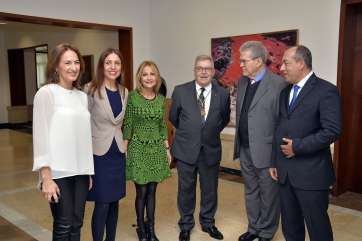 María Australia Navarro, con traje verde, al lado de Bravo de Laguna, este mediodía en el Cabildo grancanario (Foto Acfi Press)