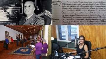 De arriba a abajo y de izquierda a derecha, Franco, acuerdo plenario que lo nombró hijo adoptivo, pleno esta mañana en Telde y la concejala Esther González (Foto TA)