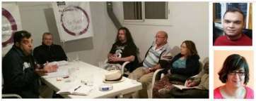 Ramón González (primero por la izquierda), en una reunión de Se Puede Ganar; a la derecha, los concejales teldenses Guillermo Eugenio y Esther González (Foto TA)