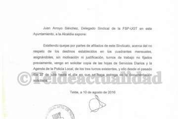Escrito presentado por UGT en el Registro Municipal.