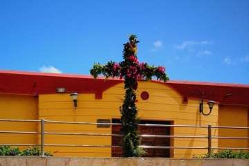 Cruz de flores colocada en la plaza de La Garita por socios del Patronato La Sal (Foto TA)