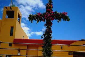 Cruz de flores colocada en la plaza de La Garita por socios del Patronato La Sal (Foto TA)