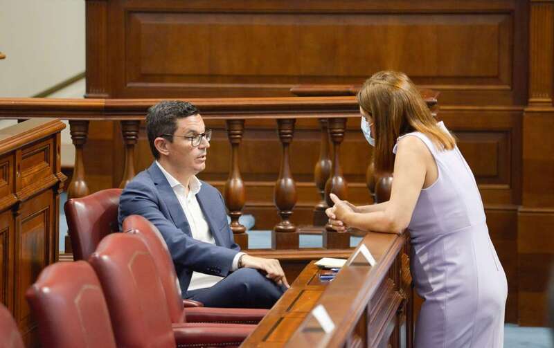 Los diputados teldenses Pablo Rodríguez (CC) y Carmen Hernández (NC) charlan en un receso de la sesión parlamentaria (Foto TA)