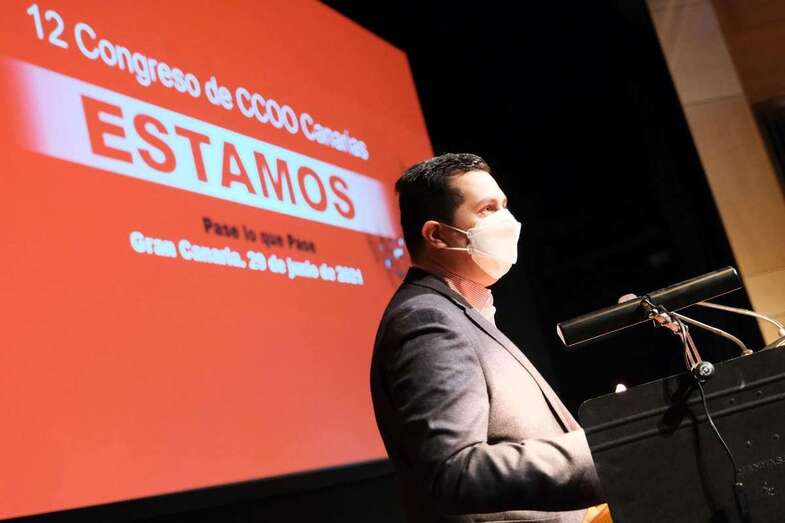 Alejandro Ramos, en la tribuna del Congreso de CCOO de Canarias, este martes/TA.