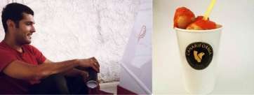 Enrique Robaina, junto a los vasos que usa para promocionar el mojón picón (Foto TA)