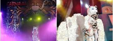 Drag Electra en su actuación este año en Arrecife (i) y en 2014 en Telde con la misma fantasía (Foto La Voz de Lanzarote y TA)