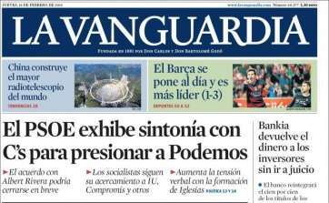 Portada de La Vanguardia de este jueves 18 de febrero de 2016 (Foto TA)